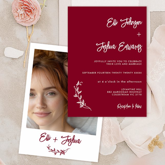 Minimalist Burgundy Foliage Motif Wedding Invitation (Minimalist Burgundy Wedding Invitation, Modern Burgundy Wedding Invitation Photo, Foliage Motif, )