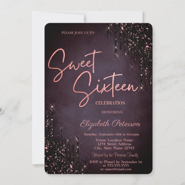 Minimalist Burgundy Glitter Drips Sweet 16  Invitation (Front)