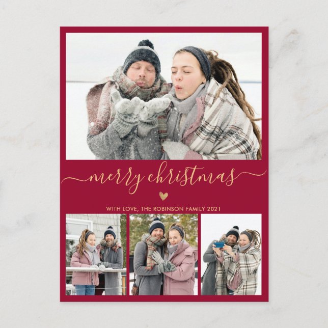 Minimalist Burgundy Gold 4 Photo Collage Christmas Postcard (Front)
