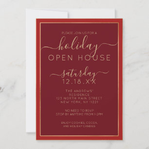 Minimalist Burgundy Gold Border Holiday Open House Invitation