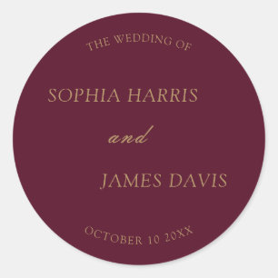 Minimalist Burgundy Gold Modern Elegant Wedding  Classic Round Sticker