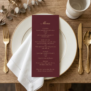 Minimalist Burgundy Gold Script Wedding Dinner Menu