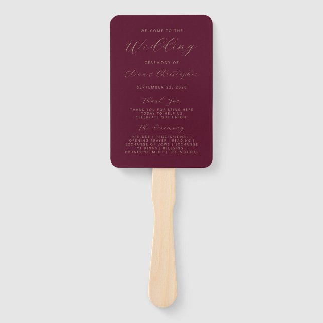 Minimalist Burgundy Gold Script Wedding Program Hand Fan (Front)