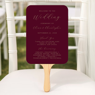 Minimalist Burgundy Gold Script Wedding Program Hand Fan