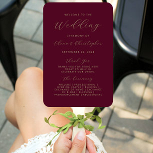 Minimalist Burgundy Gold Script Wedding Program Hand Fan