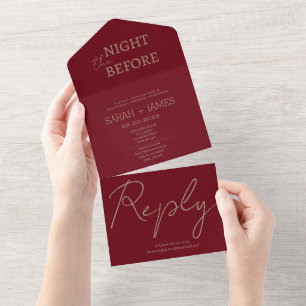 Minimalist Burgundy Gold the Night Before Wedding All In One Invitation