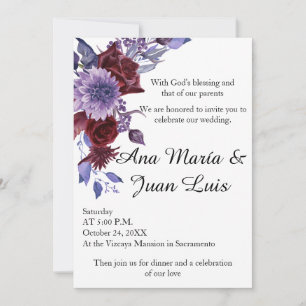 Minimalist Burgundy Lavender Dusty Blue Floral Invitation