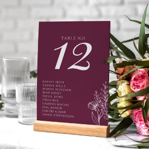 Minimalist Burgundy Modern Classic Wedding Names Table Number
