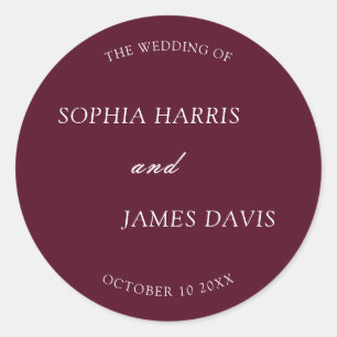 Minimalist Burgundy Modern Elegant Wedding  Classic Round Sticker