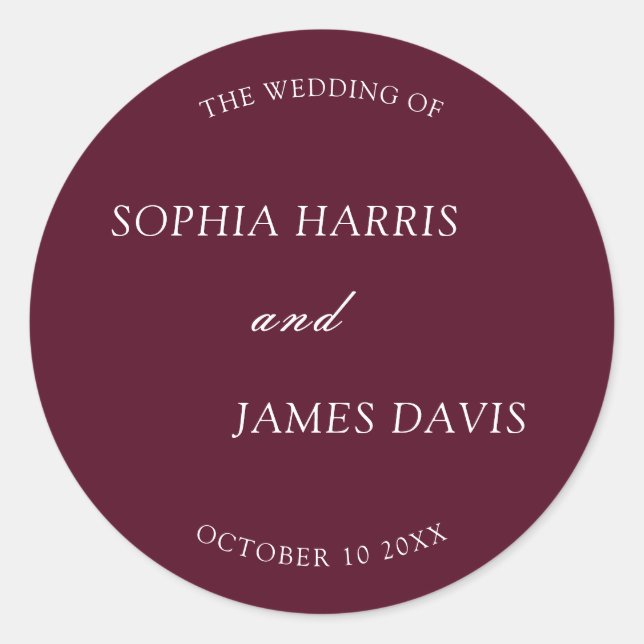 Minimalist Burgundy Modern Elegant Wedding  Classic Round Sticker (Front)