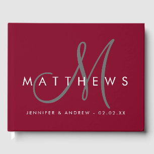 Minimalist Burgundy Modern Grey Monogram Wedding Guest Book