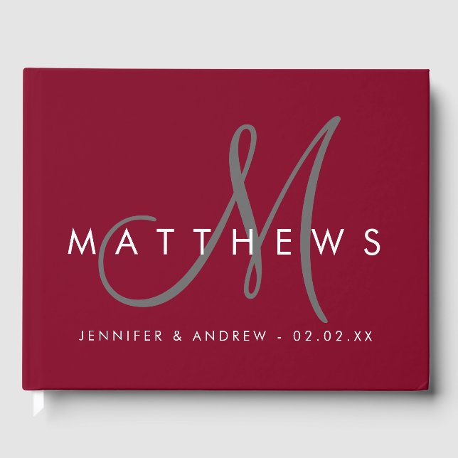 Minimalist Burgundy Modern Grey Monogram Wedding Guest Book (Front)