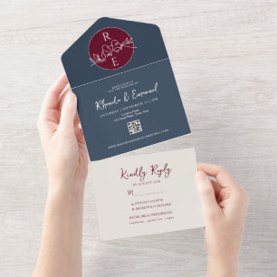 Minimalist Burgundy Navy Blue Wedding All In One Invitation