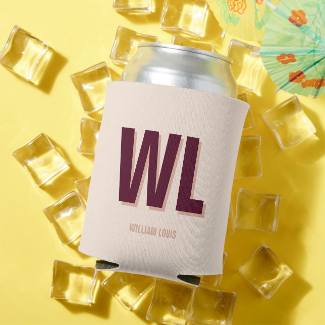 Minimalist Burgundy Pink Personalised Monogram  Can Cooler (In Situ Summer)