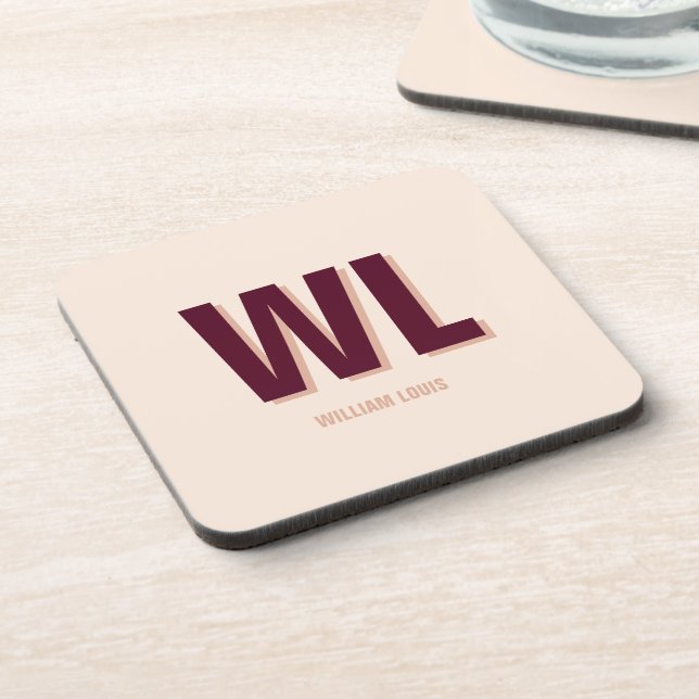 Minimalist Burgundy Pink Personalised Monogram  Coaster (Left Side)