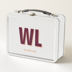 Minimalist Burgundy Pink Personalised Monogram  Metal Lunch Box