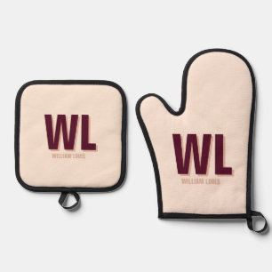 Minimalist Burgundy Pink Personalised Monogram  Oven Mitt & Pot Holder Set