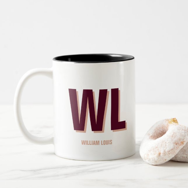 Minimalist Burgundy Pink Personalised Monogram  Two-Tone Coffee Mug (With Donut)