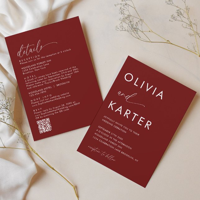 Minimalist Burgundy QR Code All in One Wedding Invitation (Creator Uploaded)