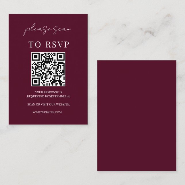 Minimalist Burgundy QR Code Wedding RSVP Enclosure Card (Front/Back)