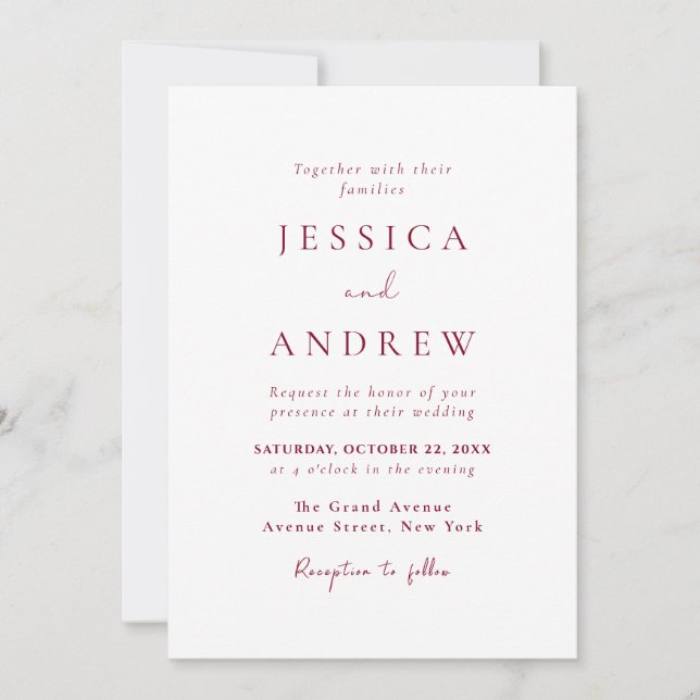 Minimalist Burgundy Red & White Simple Wedding Invitation (Front)