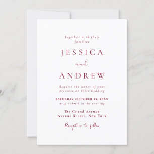 Minimalist Burgundy Red & White Simple Wedding Invitation