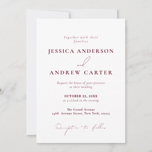 Minimalist Burgundy Red & White Simple Wedding Invitation (Front)