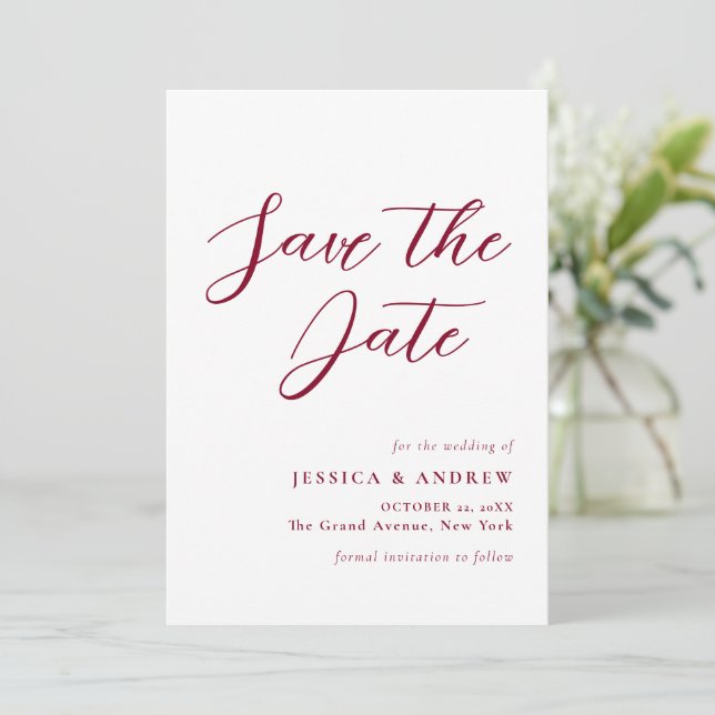 Minimalist Burgundy Red & White Simple Wedding  Save The Date (Standing Front)
