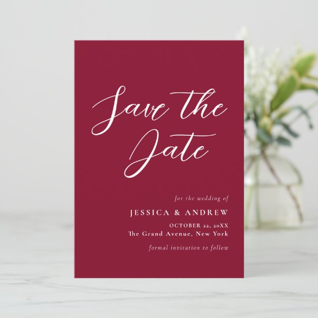 Minimalist Burgundy Red & White Simple Wedding  Save The Date (Standing Front)