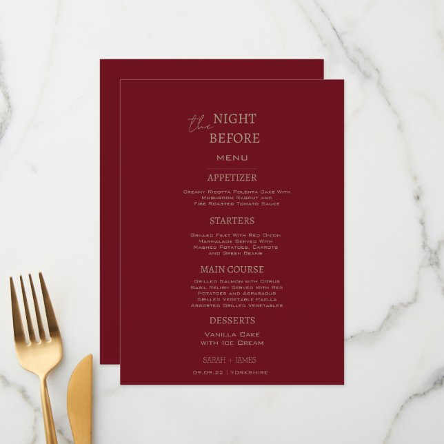 Minimalist Burgundy the Night Before Wedding  Menu (Front/Back In Situ)