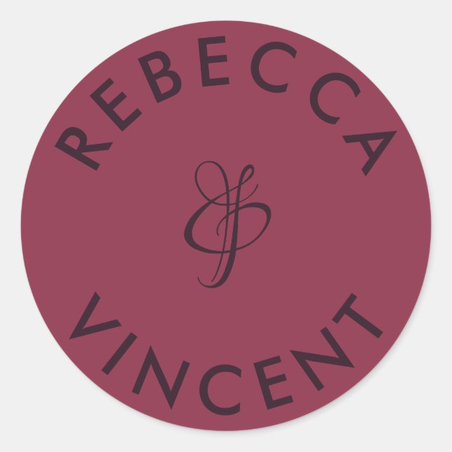 Minimalist Burgundy Wedding Personalised Names Classic Round Sticker (Front)
