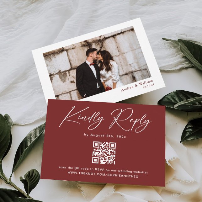 Minimalist Burgundy Wedding RSVP Card Qr Code (Creator Uploaded)