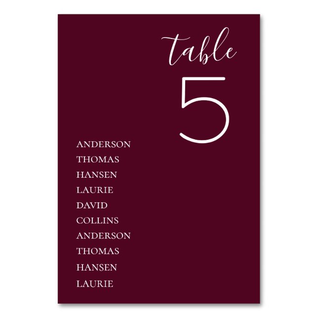 Minimalist Burgundy Wedding Table Number (Front)