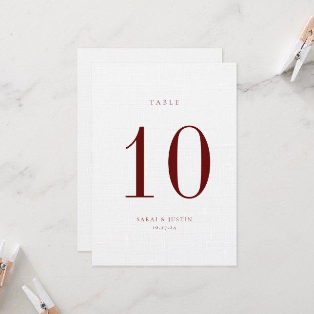 Minimalist Burgundy Wedding Table Number Card (Front/Back In Situ)