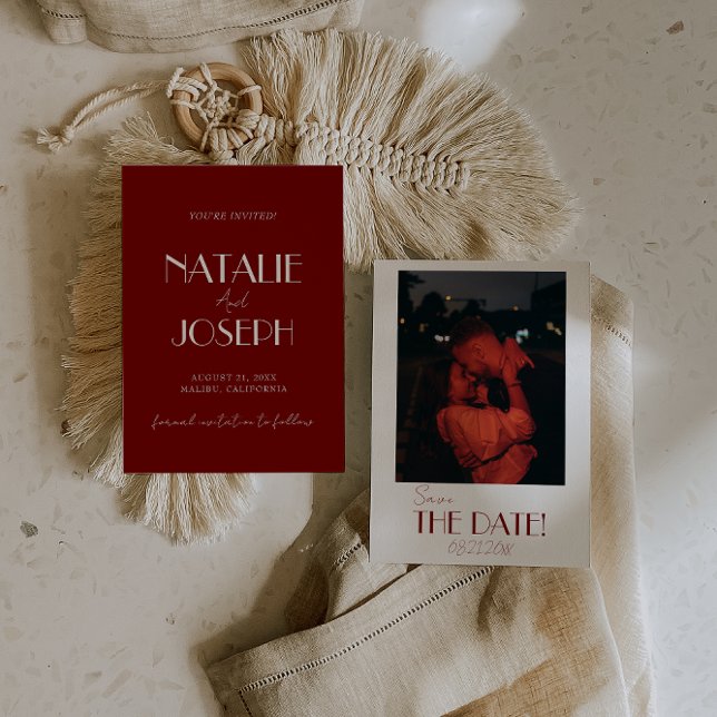 Minimalist Burgundy Whimsical Retro Photo Wedding Save The Date (Creator Uploaded)