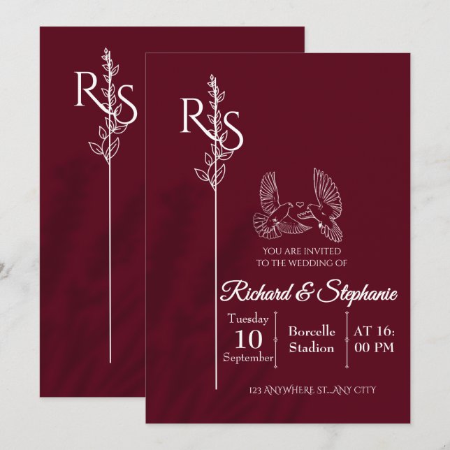Minimalist Burgundy & White Birds Wedding Invite (Front/Back)