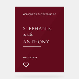 Minimalist Burgundy with Heart Modern Wedding  Acrylic Sign