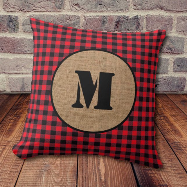 Minimalist Burlap and Red Buffalo Plaid Monogram Cushion (Creator Uploaded)