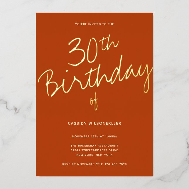 Minimalist Burnt Orange 30th Birthday Gold  (Front)