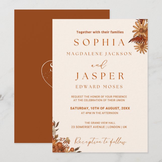 Minimalist Burnt Orange Boho Wedding Invitation (Front/Back)