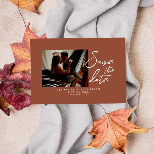 Minimalist Burnt Orange Calligraphy Photo Wedding  Save The Date (Creator Uploaded)
