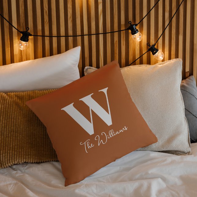 Minimalist Burnt Orange Monogram Family Names Cushion (Front)