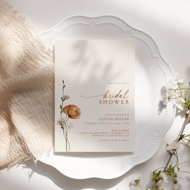 Minimalist Burnt Orange Wildflower Bridal Shower Invitation (Creator Uploaded)