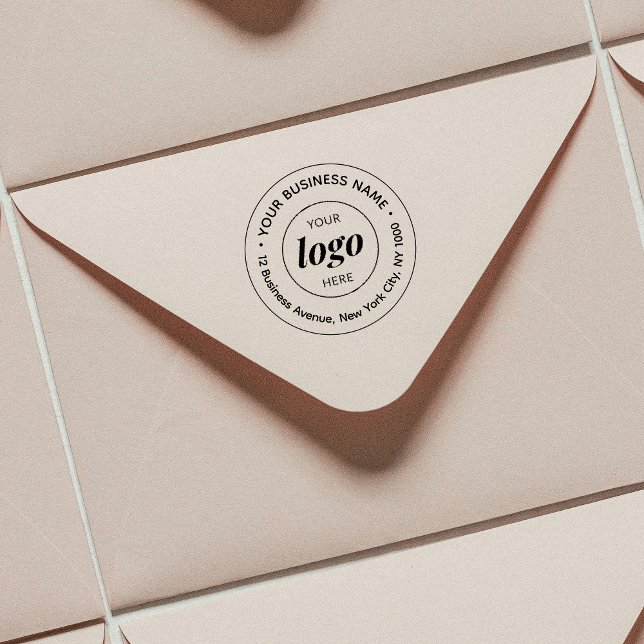 Minimalist Business Address Logo Company Self-inking Stamp (Custom round logo stamp for business featuring your business name & address)