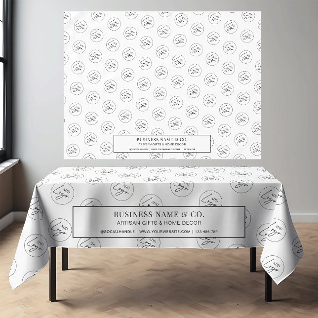 Minimalist Business Logo Promotional Trade Show Tablecloth (Minimalist white business  branded tablecloth with custom text & logo *this mockup is Ai generated)