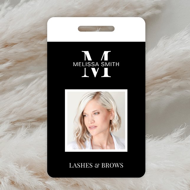 Minimalist Business Monogram Photo Beauty Salon ID Badge (Black and white Fully Editable Photo Name Badge with space for your logo or monogram)