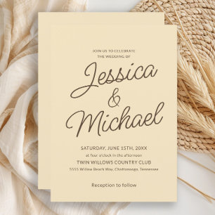 Minimalist Butter Yellow Brown Script Wedding Invitation