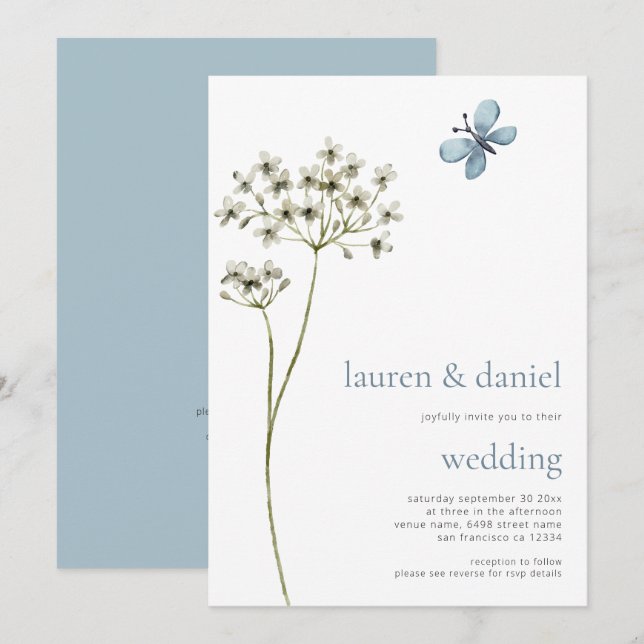 Minimalist Butterfly Wildflower QR Blue Wedding Invitation (Front/Back)