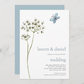 Minimalist Butterfly Wildflower QR Blue Wedding Invitation