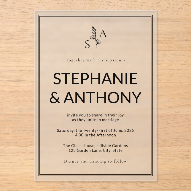 Minimalist BW Monogram Wildflower Wedding Acrylic Invitations (Front)